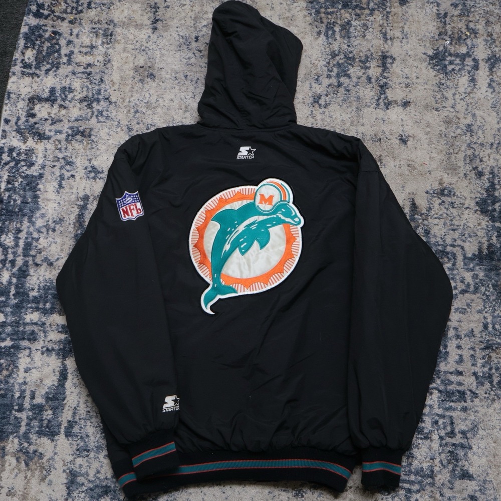 Vtg 90s Miami Dolphins Starter Jacket Puffer Lg Embroidered Spellout NFL Hooded